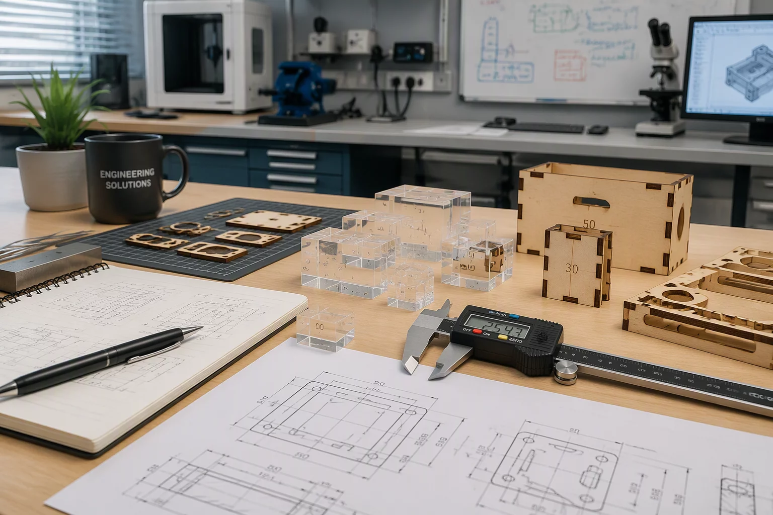 Laser cutting measurement instruments and fit gauges on laboratory workbench